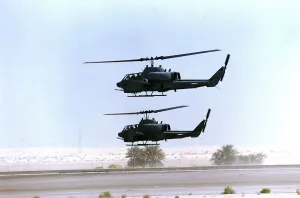 Two allied Cobra helicopter gunships seen here leaving a Saudi Airforce desert airfirld Two allied Cobra helicopter gunships seen here leaving a Saudi Airforce desert airfirld