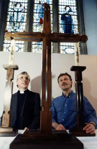 An altar cross and a pair of matching candlesticks designed by students at Cleveland An altar cross and a pair of matching candlesticks designed by students at Cleveland