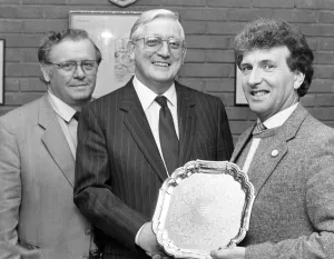 Alvechurch reserve team manager Ivor Chambers is presented with the Midland Combination Alvechurch reserve team manager Ivor Chambers is presented with the Midland Combination