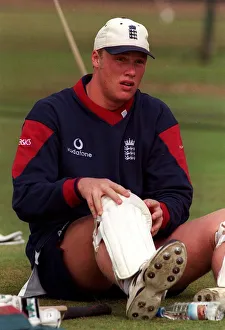 Andrew Flintoff puts his pads on at net practice July 1998 for England as he Andrew Flintoff puts his pads on at net practice July 1998 for England as he