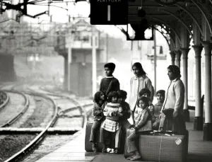 Asian immigrant family waiting at Bishops Stortford train station to travel to London Asian immigrant family waiting at Bishops Stortford train station to travel to London
