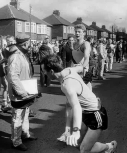 Athlete Steve Cram Steve Cram hands over to Tommy Power to help Jarrow Athlete Steve Cram Steve Cram hands over to Tommy Power to help Jarrow
