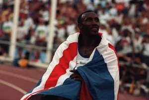 Barcelona Olympics June 1992 Linford Christie Athlete drapped in Union Jack Flag Barcelona Olympics June 1992 Linford Christie Athlete drapped in Union Jack Flag