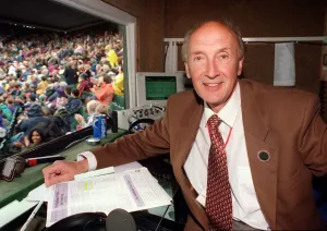 Barry Davies BBC sports commentator in the commentry box at Centre Court Wimbledon Barry Davies BBC sports commentator in the commentry box at Centre Court Wimbledon