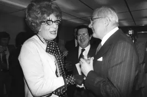 Barry Humphries as Dame Edna Everage talking to Jim Callaghan at Standard theatre awards Barry Humphries as Dame Edna Everage talking to Jim Callaghan at Standard theatre awards