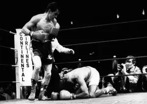 Barry McGuigan April 1988 Boxer standing over Nicky Perez after punching flooring him Barry McGuigan April 1988 Boxer standing over Nicky Perez after punching flooring him