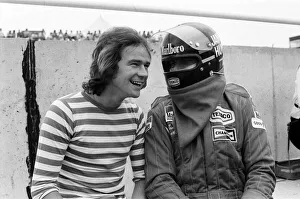 Barry Sheene and James Hunt at a practice day for the British Grand Prix held at Brands Barry Sheene and James Hunt at a practice day for the British Grand Prix held at Brands