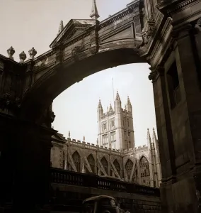 Bath Abbey viewed through the cloisters archway Religion Architecture Bath Abbey viewed through the cloisters archway Religion Architecture