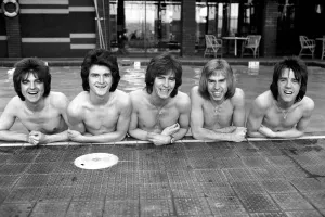 The Bay City Rollers celebrate their chart success with a quick dip in the pool The Bay City Rollers celebrate their chart success with a quick dip in the pool