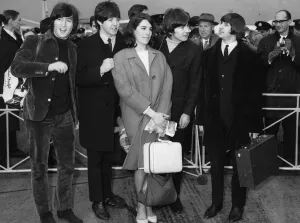 The Beatles and Eleanor Bron leave London Airport for the Bahamas to commence filming The Beatles and Eleanor Bron leave London Airport for the Bahamas to commence filming
