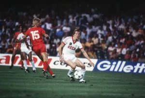 Belgium v Russia 1982 World cup match Oleg Blokhin out smarts Marice De Belgium v Russia 1982 World cup match Oleg Blokhin out smarts Marice De