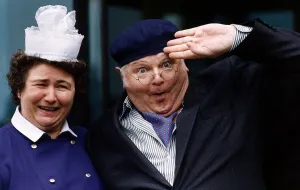 Benny Hill Comedian standing with a matron nurse does his impression of Fred Scuttle as Benny Hill Comedian standing with a matron nurse does his impression of Fred Scuttle as