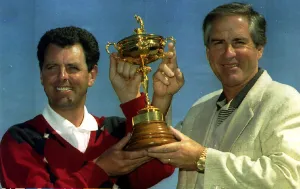 Bernard Gallacher European Ryder Cup Captain holds the trophy with Dave Stockton Bernard Gallacher European Ryder Cup Captain holds the trophy with Dave Stockton