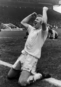 Billy Bremner celebrates after scoring against Wolves at Maine Road to put Leeds through Billy Bremner celebrates after scoring against Wolves at Maine Road to put Leeds through