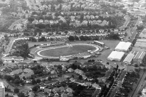 Birmingham's Hall Green greyhound stadium, seen from a helicopter. 28th August 1986 Birmingham's Hall Green greyhound stadium, seen from a helicopter. 28th August 1986
