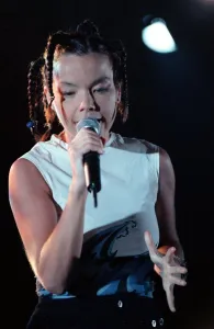 Bjork singer from Iceland on stage at the Irvine Festival with microphone in hand Bjork singer from Iceland on stage at the Irvine Festival with microphone in hand