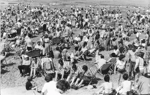 Blackpool Beach crowds of people pack the beach on a sunny day August 1981 Blackpool Beach crowds of people pack the beach on a sunny day August 1981