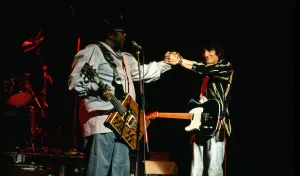 Bo Diddley and Ronnie Wood on stage at the Capital Radio Music Festival. 28th June 1988 Bo Diddley and Ronnie Wood on stage at the Capital Radio Music Festival. 28th June 1988