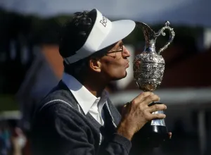 Bob Charles golfer kissing British Open trophy July 1989 Bob Charles golfer kissing British Open trophy July 1989