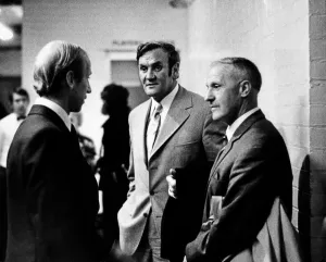 Bobby Charlton talks with Don Revie (Leeds United manager - centre Bobby Charlton talks with Don Revie (Leeds United manager - centre