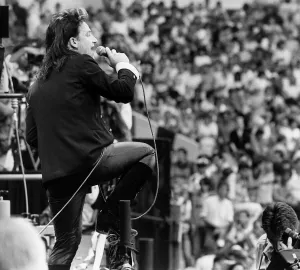 Bono pop singer with U2 on stage at Live Aid Concert 1985 Wembley Stadium *** Local Bono pop singer with U2 on stage at Live Aid Concert 1985 Wembley Stadium *** Local
