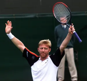 Boris Becker celebrates his victory over Miles Maclagan in his first round mens singles Boris Becker celebrates his victory over Miles Maclagan in his first round mens singles