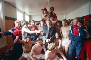 Boro manager Lennie Lawrence celebrating with players. Wolverhampton Wanderers v Boro manager Lennie Lawrence celebrating with players. Wolverhampton Wanderers v
