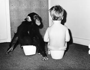 A boy and a monkey doing their business togehter. 1970 A boy and a monkey doing their business togehter. 1970