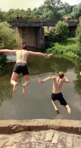 Boys jumping from bridge into water July 1997 Boys jumping from bridge into water July 1997