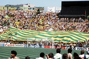 Brazilian fans World Cup 1982 football Argentina v Brazil supporters holding up large Brazilian fans World Cup 1982 football Argentina v Brazil supporters holding up large