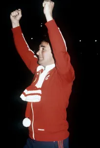 Brian Clough football manager celebrating after his Nottingham Forest team had beaten Brian Clough football manager celebrating after his Nottingham Forest team had beaten