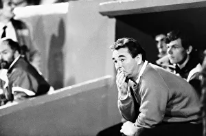 Brian Clough Football manager of Nottingham Forest FC sitting on team bench during match Brian Clough Football manager of Nottingham Forest FC sitting on team bench during match