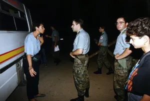 British aid worker Sally Becker argues with a soldier on her mercy drive from Mostar British aid worker Sally Becker argues with a soldier on her mercy drive from Mostar