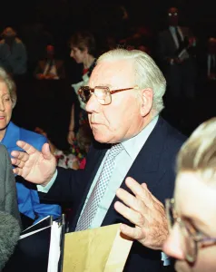 Former British Airways Chair Lord King raises his voice to journalists at the end of Former British Airways Chair Lord King raises his voice to journalists at the end of