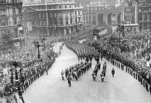 British and Allied troops seen here march through Trafalgar Square during the Victory British and Allied troops seen here march through Trafalgar Square during the Victory