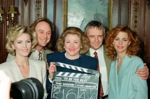 British author Barbara Taylor Bradford (centre) pictured at a photocall with the cast of British author Barbara Taylor Bradford (centre) pictured at a photocall with the cast of