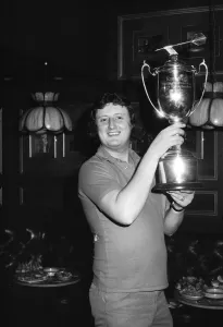 British darts player Eric Bristow celebrates his victory over John Lowe in the Final of British darts player Eric Bristow celebrates his victory over John Lowe in the Final of