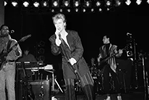 British pop singer David Bowie performing on stage. 21st March 1987 British pop singer David Bowie performing on stage. 21st March 1987