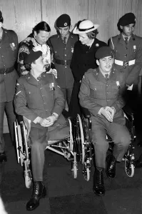 British Prime Minister Margaret Thatcher meets disabled veterans at the Falklands Victory British Prime Minister Margaret Thatcher meets disabled veterans at the Falklands Victory