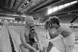 British swimmer Duncan Goodhew poses for pictures by the Olympic Swimming Pool in Moscow British swimmer Duncan Goodhew poses for pictures by the Olympic Swimming Pool in Moscow