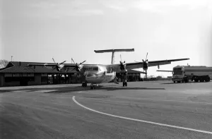 A Brymon airlines Dash 7 aircraft at London City Airport. February 1987 A Brymon airlines Dash 7 aircraft at London City Airport. February 1987
