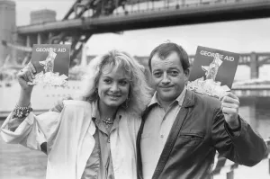 Former Bucks Fizz singer Jay Ashton and actor Tim Healy promote the charity record Former Bucks Fizz singer Jay Ashton and actor Tim Healy promote the charity record