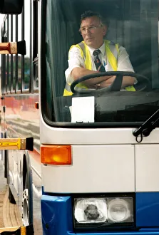 Bus trials on the Quayside. Trial driver Vic Bond. Close-up showing the accuracy of Bus trials on the Quayside. Trial driver Vic Bond. Close-up showing the accuracy of