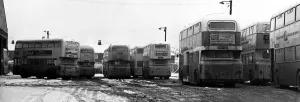Buses stand immobilised by the winter weather at the Slatyford depot, Newcastle Buses stand immobilised by the winter weather at the Slatyford depot, Newcastle