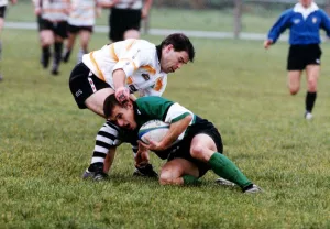 Caerphilly v Connacht, Rugby Union Match. Richard Wintle stops a Connacht attack Caerphilly v Connacht, Rugby Union Match. Richard Wintle stops a Connacht attack