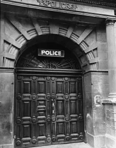Cambridge Police Station showing the original oak doors, 1967 Cambridge Police Station showing the original oak doors, 1967