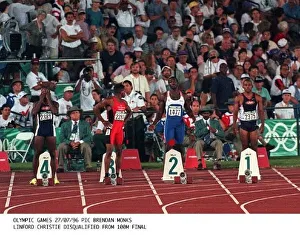 Canada's Donovan Bailey crosses the finish line to take the Gold medal in the mens Canada's Donovan Bailey crosses the finish line to take the Gold medal in the mens