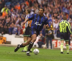 Carl Asaba celebrates Gillingham's 1st goal May 1999 against Manchester Carl Asaba celebrates Gillingham's 1st goal May 1999 against Manchester