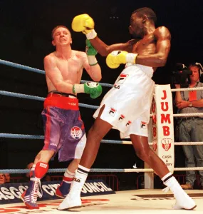 Cassius Baloyi lands a right on Brian Carr June 1999 Cassius Baloyi lands a right on Brian Carr June 1999
