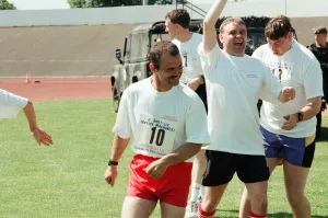 Celebrations after tug-of-war at the annual sports day at Clairville Stadium for people Celebrations after tug-of-war at the annual sports day at Clairville Stadium for people